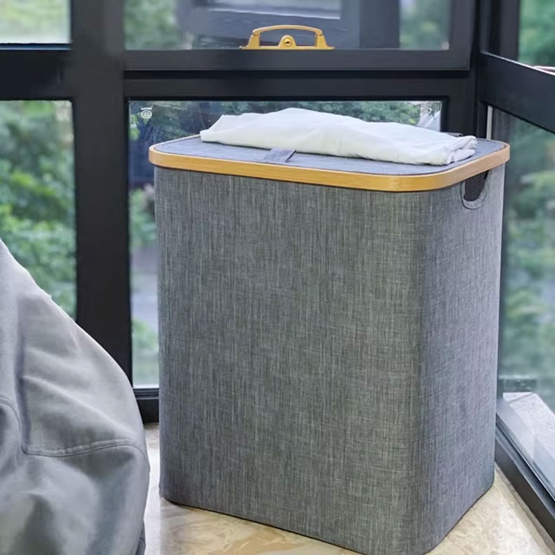 Laundry Basket With Bamboo Frame - Grey