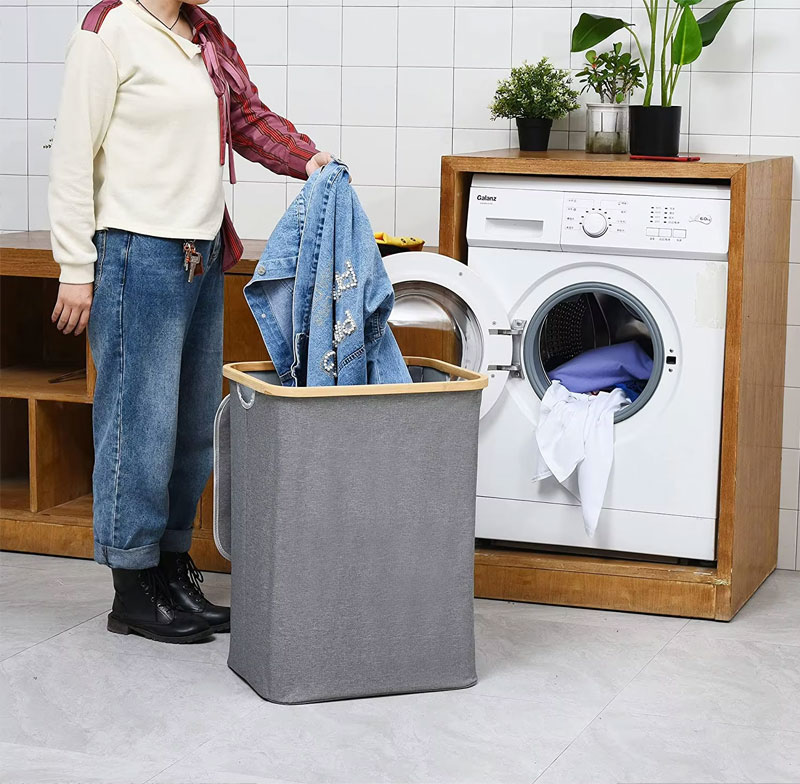 Laundry Basket With Bamboo Frame - Grey