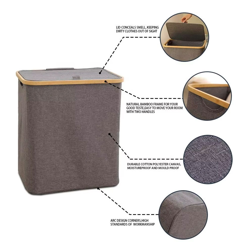 Laundry Basket With Bamboo Frame - Grey