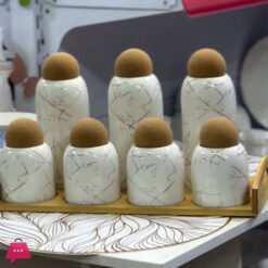 Marble Dsign Ceramic 7 Pcs Jar Set With Bamboo Stand And Cork Lid