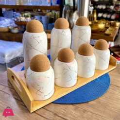 Marble Dsign Ceramic 7 Pcs Jar Set With Bamboo Stand And Cork Lid