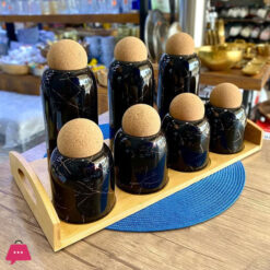 Marble Dsign Ceramic 7 Pcs Jar Set with Bamboo Stand  and Cork Lid