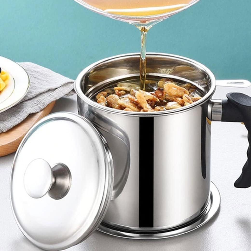 Oil Strainer Pot Stainless Steel Container Oil Storage Can With Removable Filter Lid With Strainer 1.2Liter