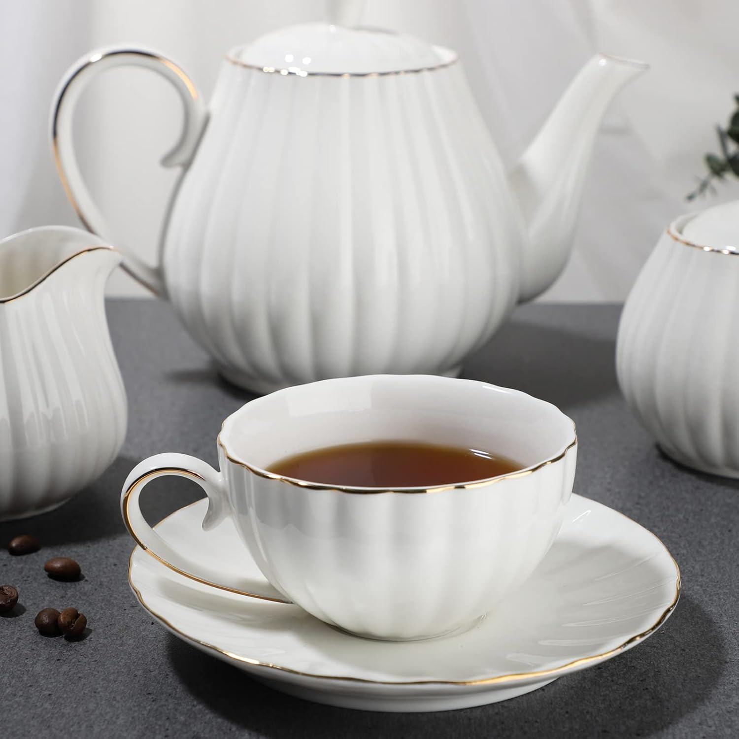 Porcelain Tea Set -7 Tea Cups And Saucers Service For 6 Gold Trimspumpkin Fluted Shape