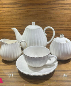 Porcelain Tea Set -7 Tea Cups and Saucers Service for 6 Gold Trimspumpkin Fluted Shape