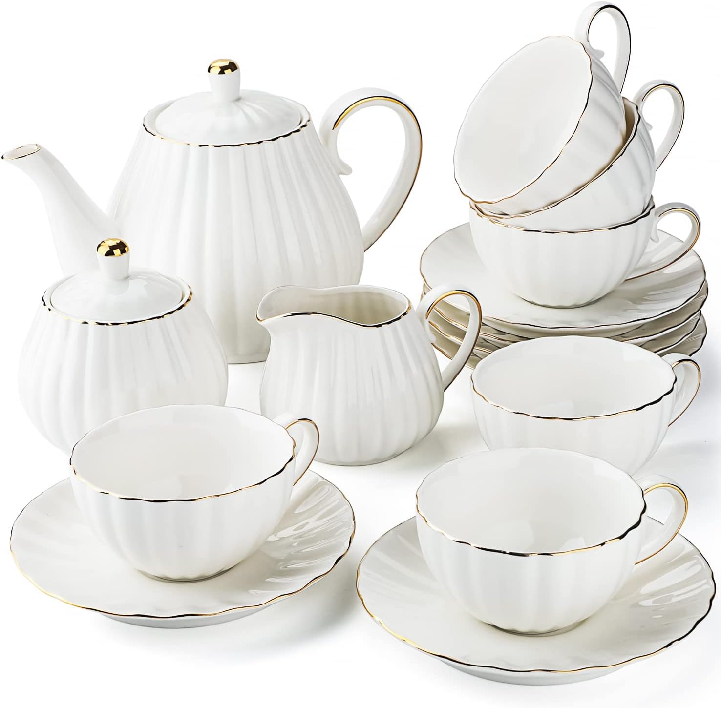 Porcelain Tea Set -7 Tea Cups And Saucers Service For 6 Gold Trimspumpkin Fluted Shape