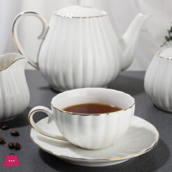 Porcelain Tea Set -7 Tea Cups And Saucers Service For 6 Gold Trimspumpkin Fluted Shape