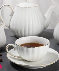 Porcelain Tea Set -7 Tea Cups And Saucers Service For 6 Gold Trimspumpkin Fluted Shape - Image 3