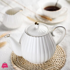 Porcelain Tea Set -7 Tea Cups And Saucers Service For 6 Gold Trimspumpkin Fluted Shape