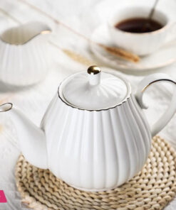 Porcelain Tea Set -7 Tea Cups And Saucers Service For 6 Gold Trimspumpkin Fluted Shape - Image 4