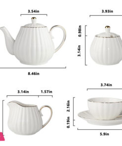 Porcelain Tea Set -7 Tea Cups And Saucers Service For 6 Gold Trimspumpkin Fluted Shape - Image 5