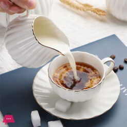 Porcelain Tea Set -7 Tea Cups And Saucers Service For 6 Gold Trimspumpkin Fluted Shape