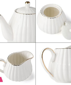 Porcelain Tea Set -7 Tea Cups And Saucers Service For 6 Gold Trimspumpkin Fluted Shape - Image 7