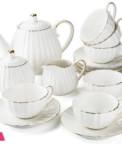 Porcelain Tea Set -7 Tea Cups And Saucers Service For 6 Gold Trimspumpkin Fluted Shape - Image 8