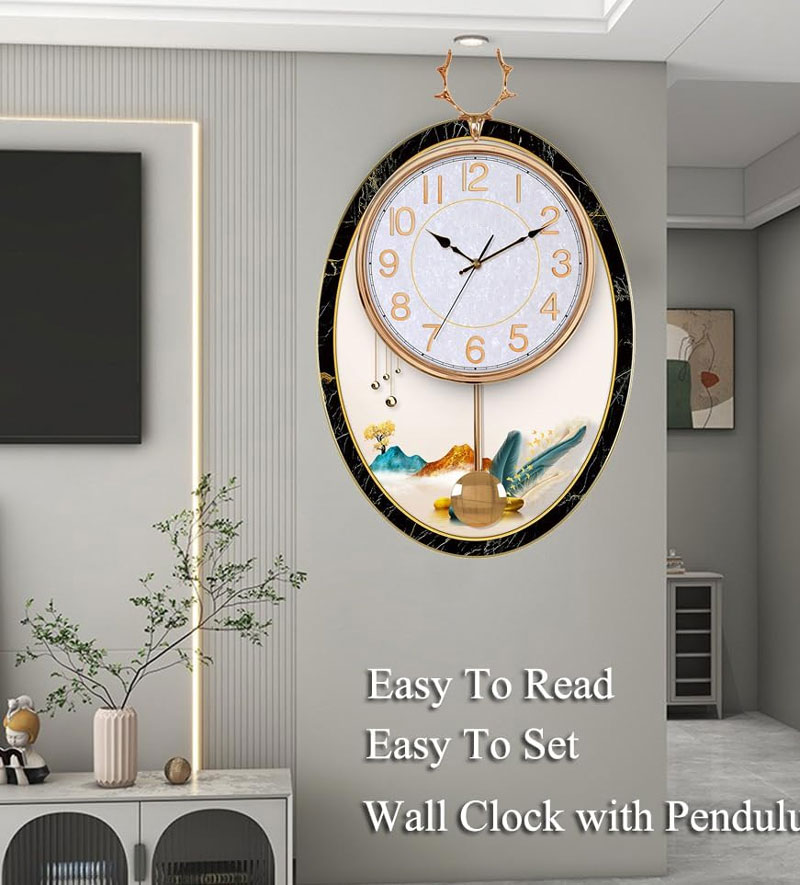 Reindeer Design Pendulum Wall Clock With Wood Panel And Marble Texture Dial