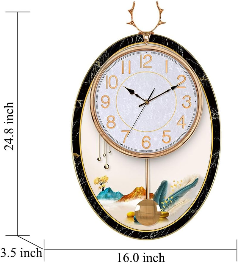 Reindeer Design Pendulum Wall Clock With Wood Panel And Marble Texture Dial