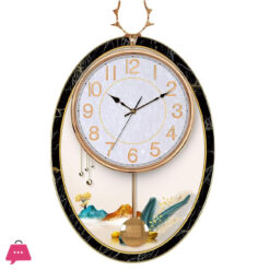 Reindeer Design Pendulum Wall Clock with Wood Panel and Marble Texture Dial