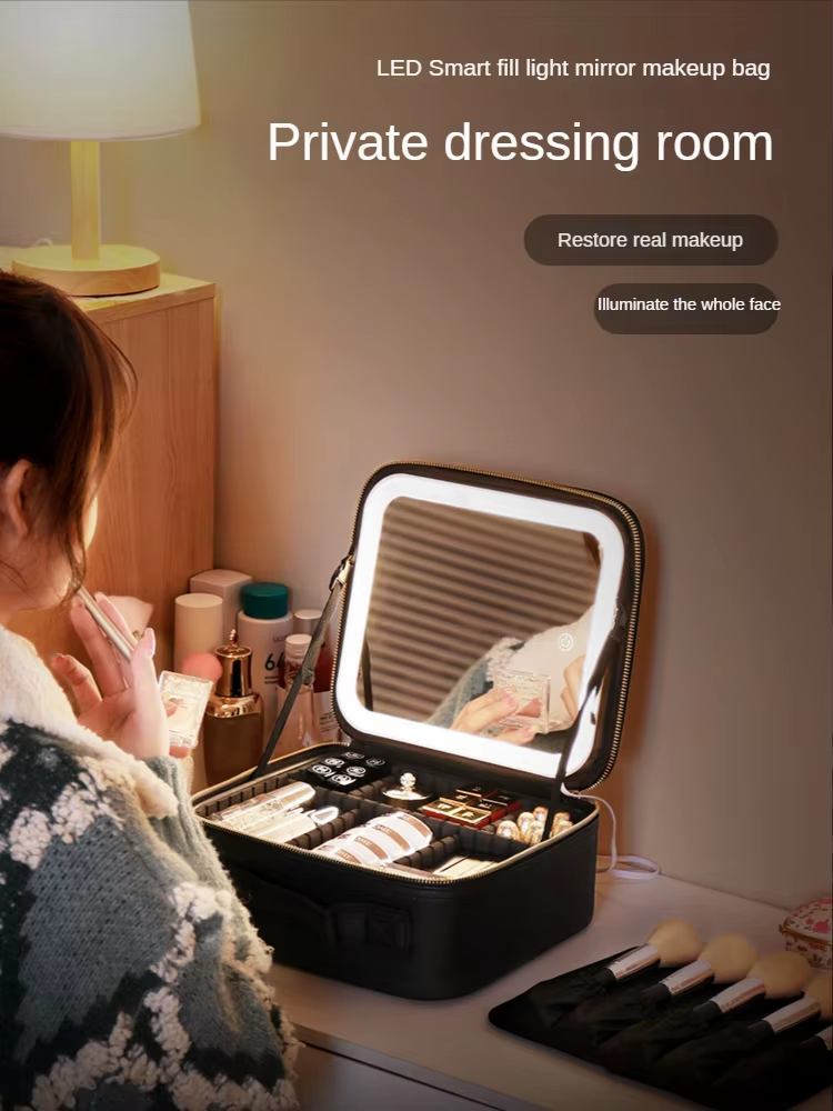 Smart Led Makeup Bag With Mirror Lights Professional Cosmetic Case For Women Travel Organizers Beauty Kit Storage