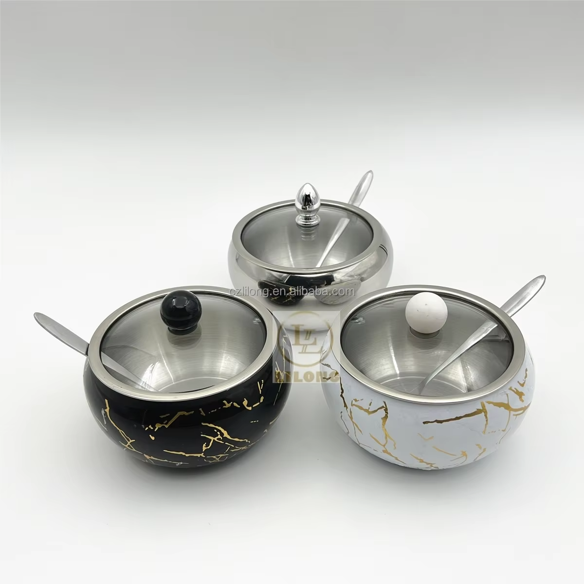 Stainless Steel Coffee Sugar Bowl With Spoon And Clear Glass Lid - Marble Design