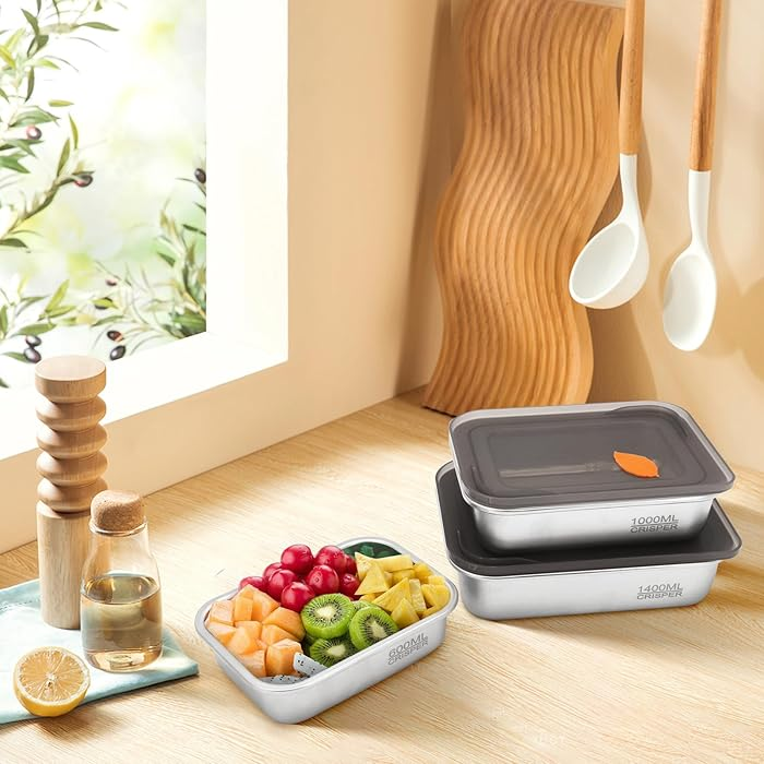 Stainless Steel Food Containers With Lids Snack Containers Leak Proof (600Ml+1000Ml+1400Ml)