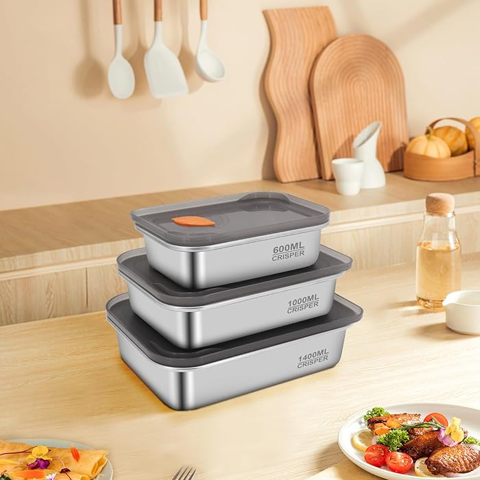 Stainless Steel Food Containers With Lids Snack Containers Leak Proof (600Ml+1000Ml+1400Ml)