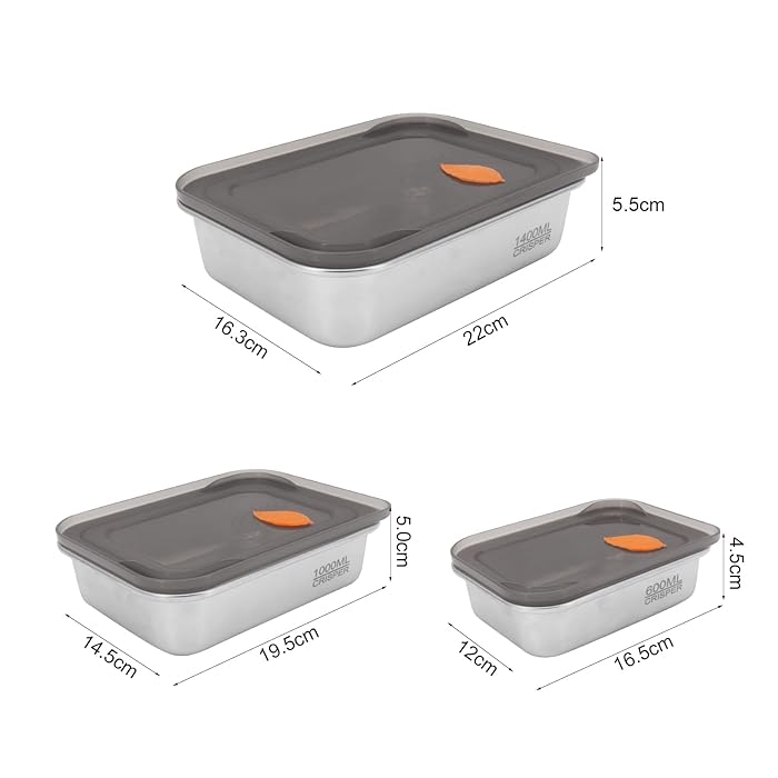 Stainless Steel Food Containers With Lids Snack Containers Leak Proof (600Ml+1000Ml+1400Ml)