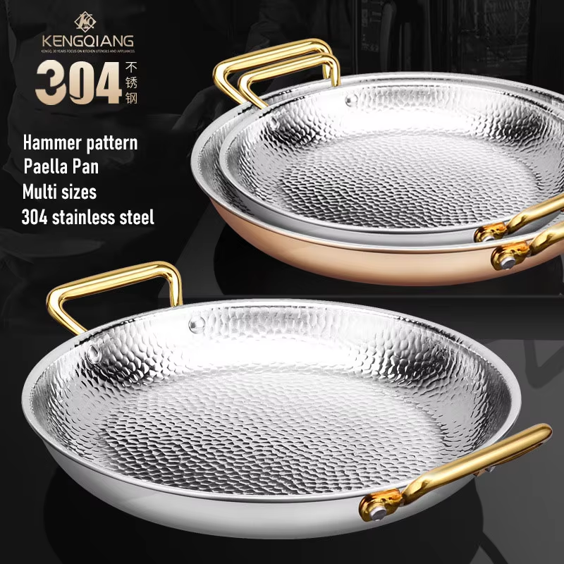 Stainless Steel Hand Hammered Seafood Paella Pan Non Stick Paella Cookware Pot With Dual Rivets Handles For Homes Or Restaurants - 24Cm