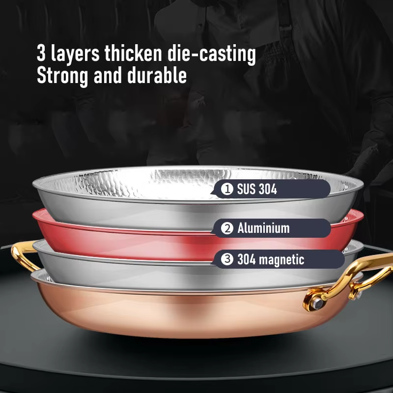 Stainless Steel Hand Hammered Seafood Paella Pan Non Stick Paella Cookware Pot With Dual Rivets Handles For Homes Or Restaurants - 24Cm