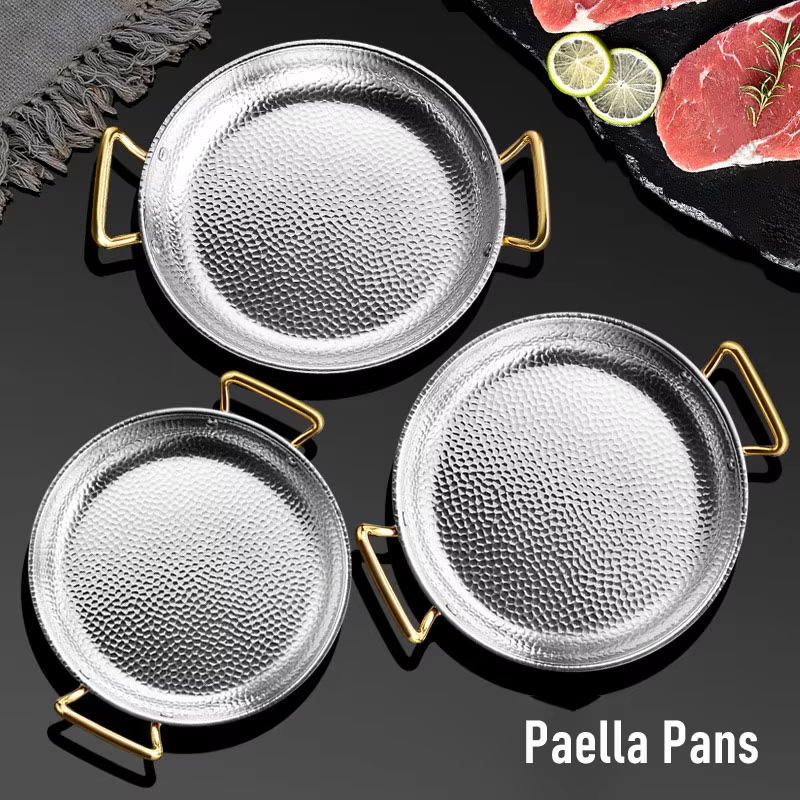 Stainless Steel Hand Hammered Seafood Paella Pan Non Stick Paella Cookware Pot With Dual Rivets Handles For Homes Or Restaurants - 24Cm