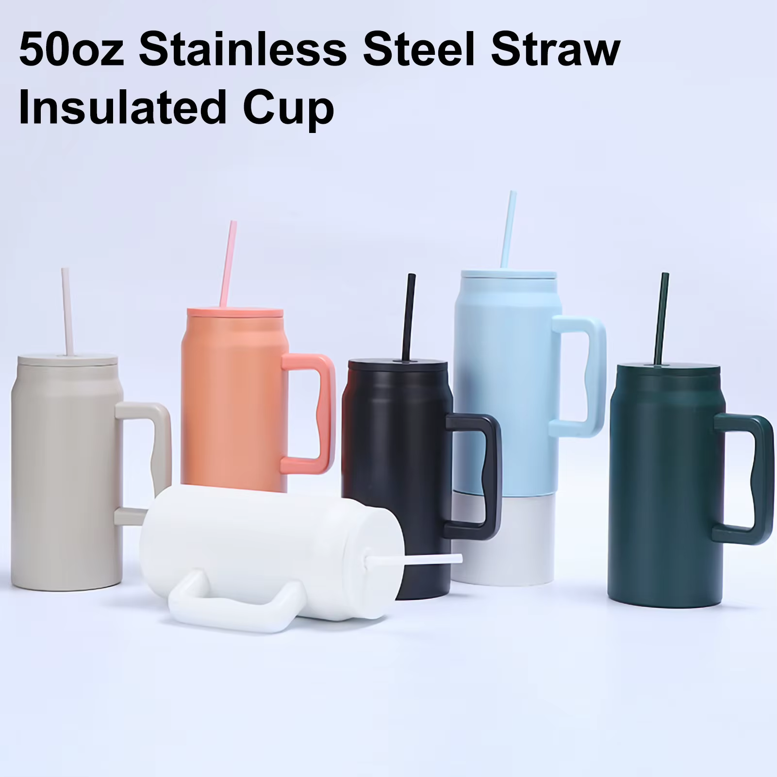 Stainless Steel Thermos Cup 50Oz Large Capacity Straw Cups Vacuum Insulated Mugs Portable Cup Handle Bottle Drinking Utensils