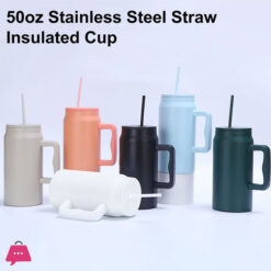 Stainless Steel Thermos Cup 50Oz Large Capacity Straw Cups Vacuum Insulated Mugs Portable Cup Handle Bottle Drinking Utensils