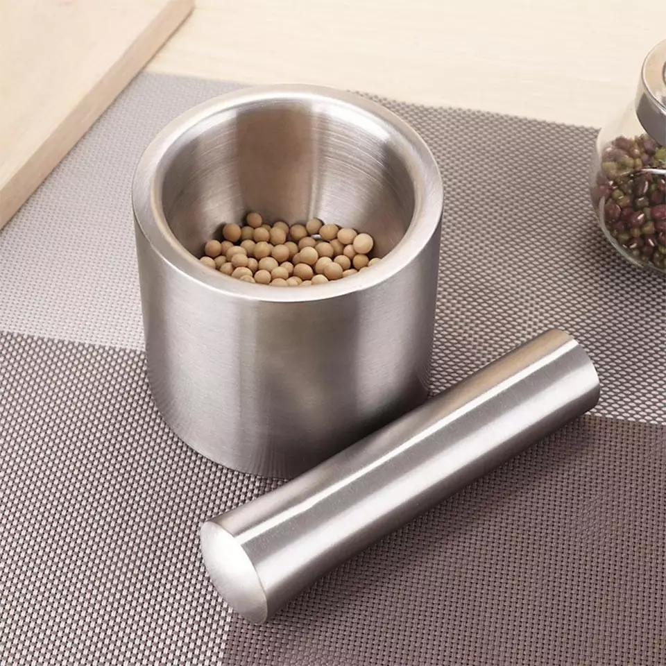 Stainless Steel Mortarr And Pestlee Set Masher Household Grinding Manual Mortarr Food Safe Spice Grinder Herb Container Pesto Powder Mortarr Pestlee