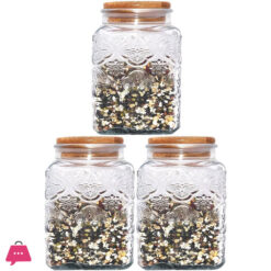 Vintage Glass Jars Canisters Glass Storage Retro Embossed Design Jars Airtight Canisters With Seal Wooden Lid 3 Pcs Set