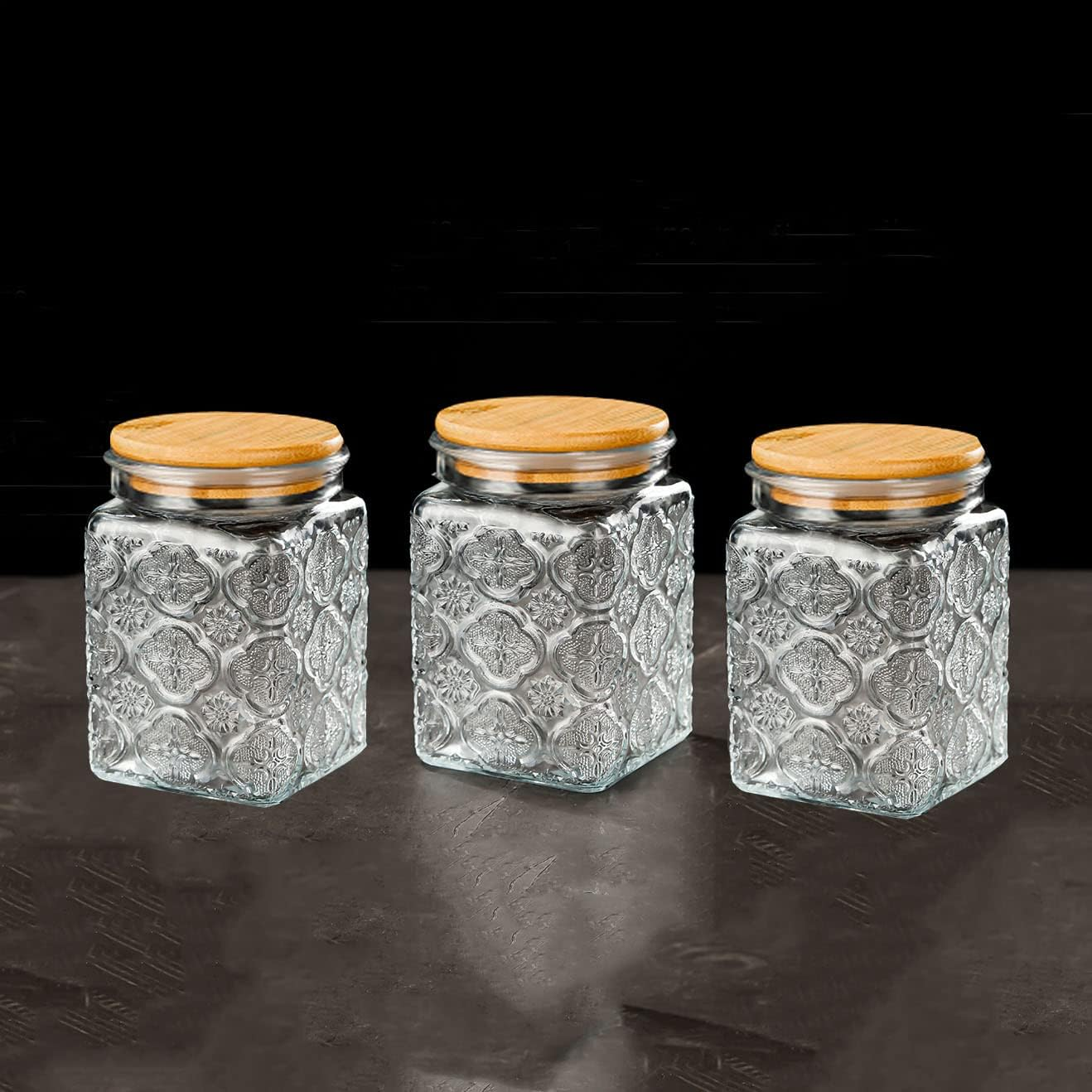 Vintage Glass Jars Canisters Glass Storage Retro Embossed Design Jars Airtight Canisters With Seal Wooden Lid 3 Pcs Set