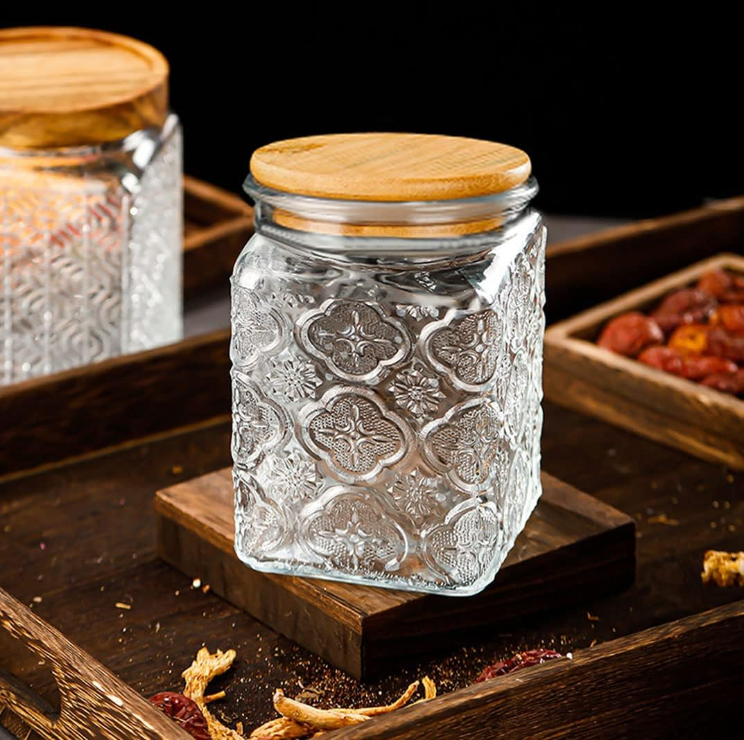 Vintage Glass Jars Canisters Glass Storage Retro Embossed Design Jars Airtight Canisters With Seal Wooden Lid 3 Pcs Set
