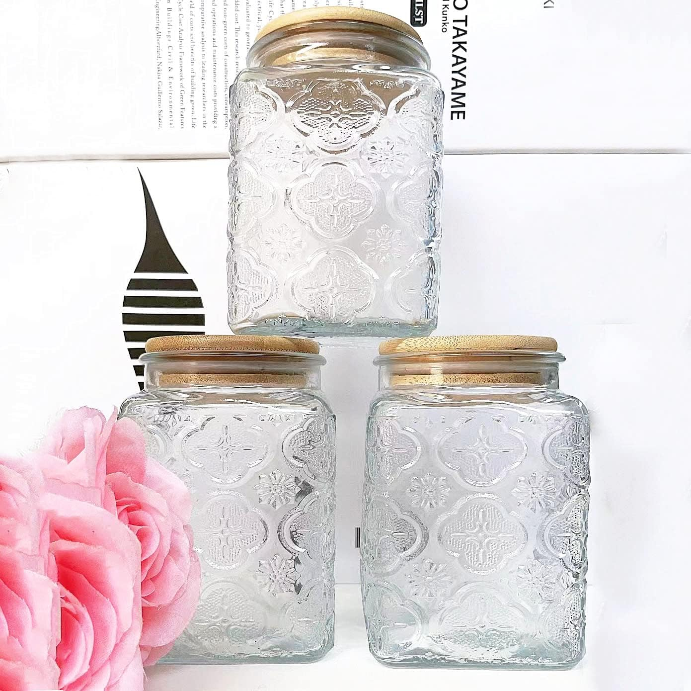 Vintage Glass Jars Canisters Glass Storage Retro Embossed Design Jars Airtight Canisters With Seal Wooden Lid 3 Pcs Set