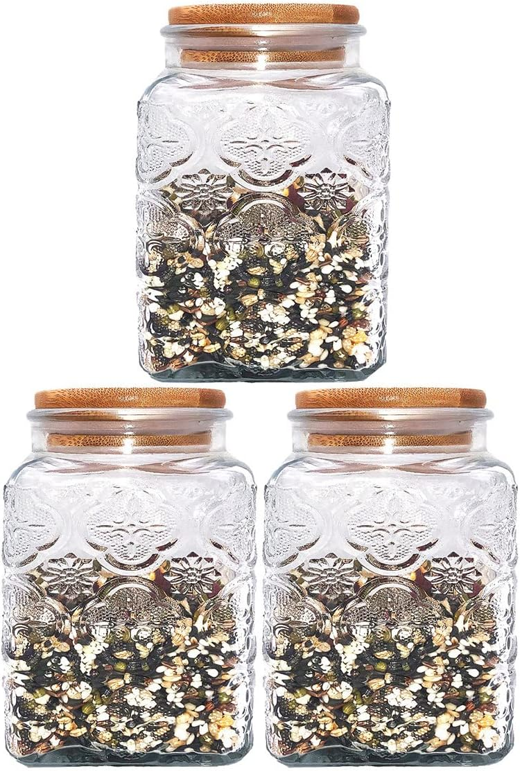 Vintage Glass Jars Canisters Glass Storage Retro Embossed Design Jars Airtight Canisters With Seal Wooden Lid 3 Pcs Set