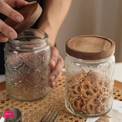 Vintage Glass Jars Canisters Glass Storage Retro Embossed Design Jars Round With Seal Wooden Lid 3 Pcs Set