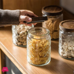 Vintage Glass Jars Canisters Glass Storage Retro Embossed Design Jars Round With Seal Wooden Lid 3 Pcs Set