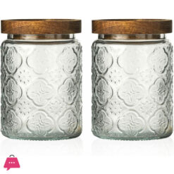 Vintage Glass Jars Canisters Glass Storage Retro Embossed Design Jars Round With Seal Wooden Lid 3 Pcs Set