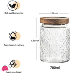 Vintage Glass Jars Canisters Glass Storage Retro Embossed Design Jars Round With Seal Wooden Lid 3 Pcs Set