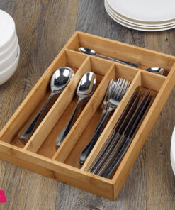5 Compartment Bamboo Cutlery Tray, Kitchen Drawer Utensils Holder