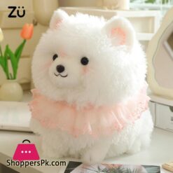 Plush Toy White Dog Pink Lace Decor Cute Stuffed Animal White Dog