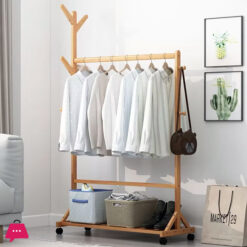 Bamboo Wood Modern Standing Coat Rack Floor Hanger  Clothes Solution