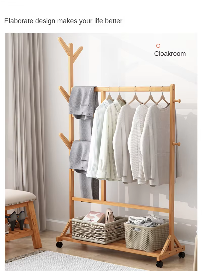 Bamboo Wood Modern Standing Coat Rack Floor Hanger Clothes Solution