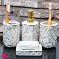 Ceramic Bathroom luxurious Accessories Set - 4 pcs Gold and White