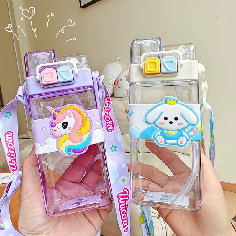 Cute Animals Water Bottle For Kids Children Unicorn Bottles With Straws Strap Leak Proof