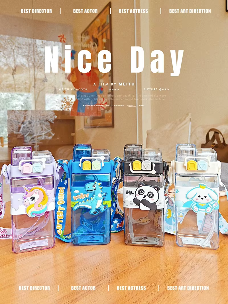 Cute Animals Water Bottle For Kids Children Unicorn Bottles With Straws Strap Leak Proof