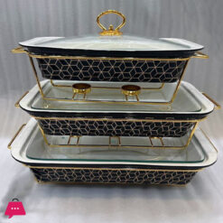More N More Rectangular Gold Pattren Ceramic Chafing Dish Casserole With Stand 3-Pcs