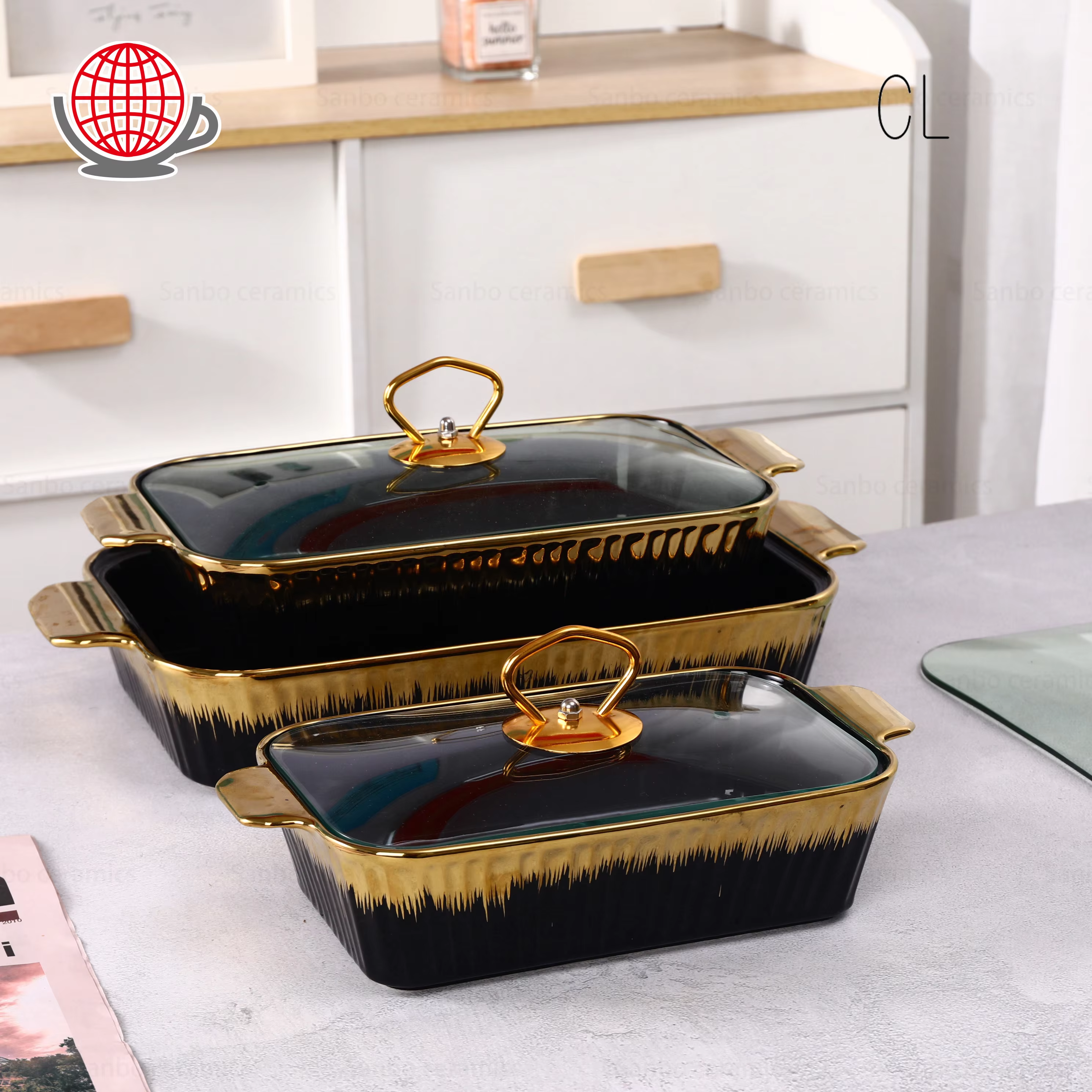 More N More Rectangular Luxury Ceramic Chafing Dish Casserole With Stand 3-Pcs